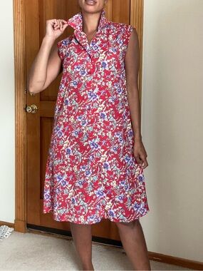 Sleeveless Red Floral Collared A-Line Dress